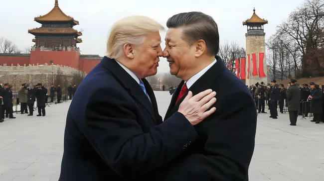 Staatsmänner in freundlicher Umarmung vor chinesischer Kulisse