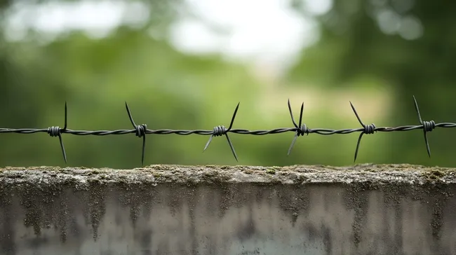 Stacheldraht auf Betonmauer in grüner Umgebung