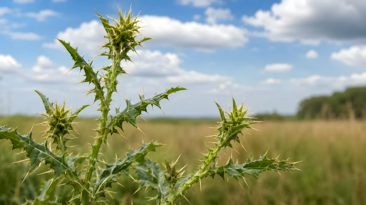 Stachelige Distel auf sommerlicher Wiese im Gegenlicht