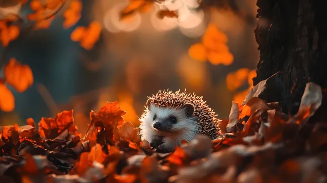 Stacheliger Igel zwischen bunten Herbstblättern
