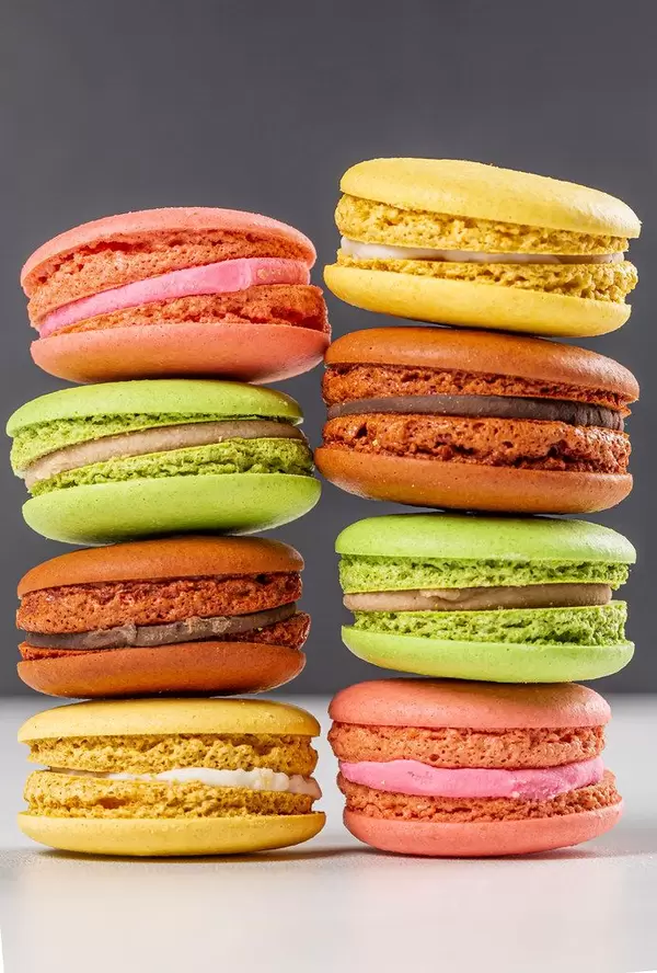 Stacks various type of fresh macaroons