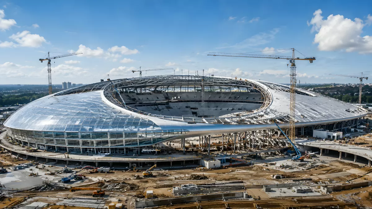 Stadionneubau aus der Vogelperspektive mit Baukränen