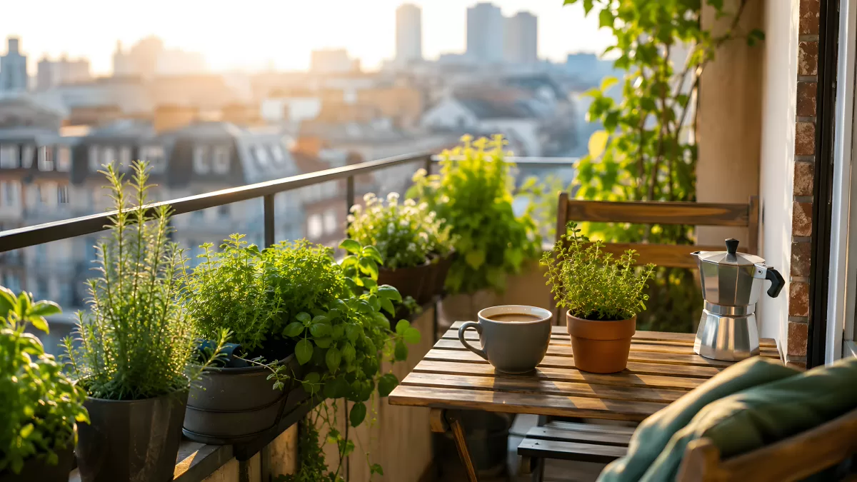Stadtbalkon mit Kräutern und Morgenkaffee im Sonnenlicht