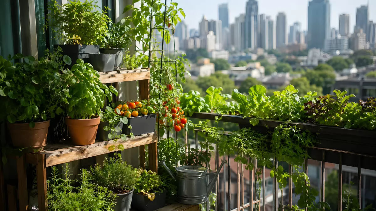 Stadtbalkon mit Tomaten, Kräutern und Salat