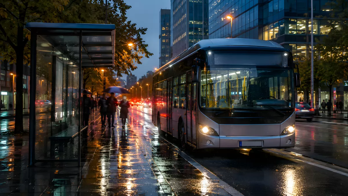 Stadtbus an regennasser Haltestelle am Abend