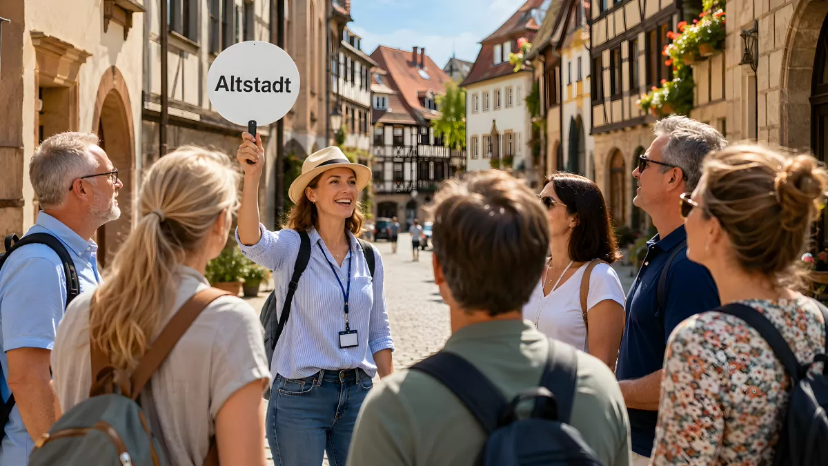 Stadtführerin zeigt Gruppe die historische Altstadt