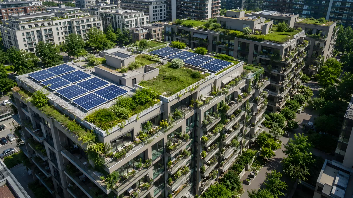 Stadtgebäude mit Solarpanelen und Dachbegrünung