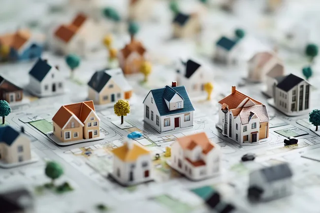 Stadtmodell mit bunten Häusern auf einer Karte
