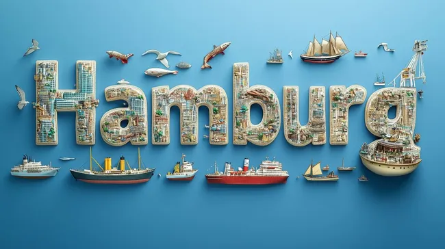 Stadtskizze Hamburg mit Schiffen und Hafensymbolen