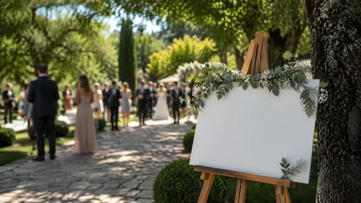 Staffelei mit Blumendeko bei einer Gartenhochzeit