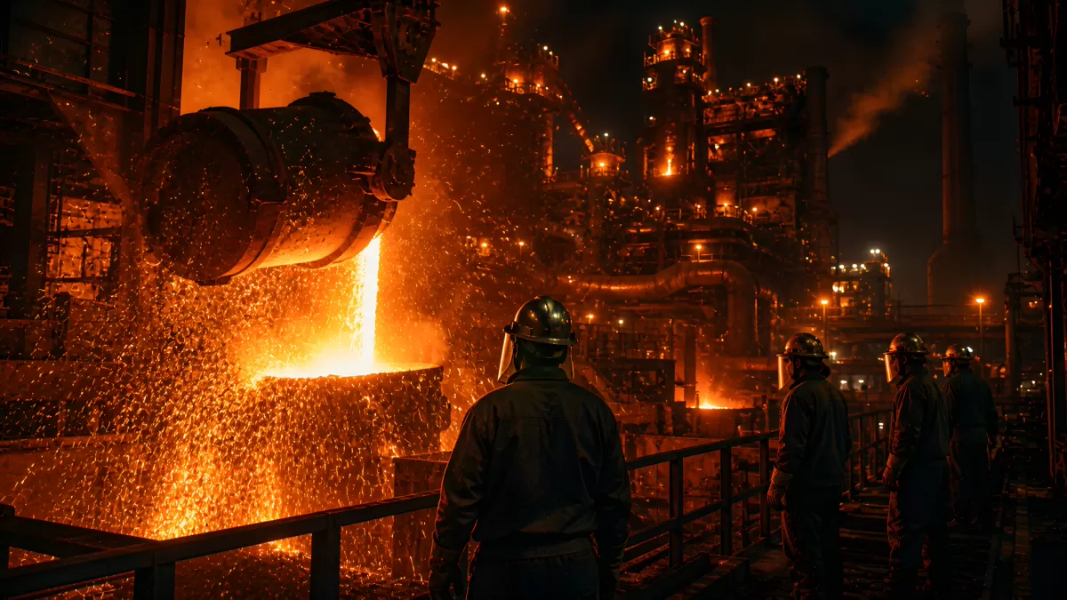 Stahlarbeiter beobachten glühendes Metallgießen bei Nacht
