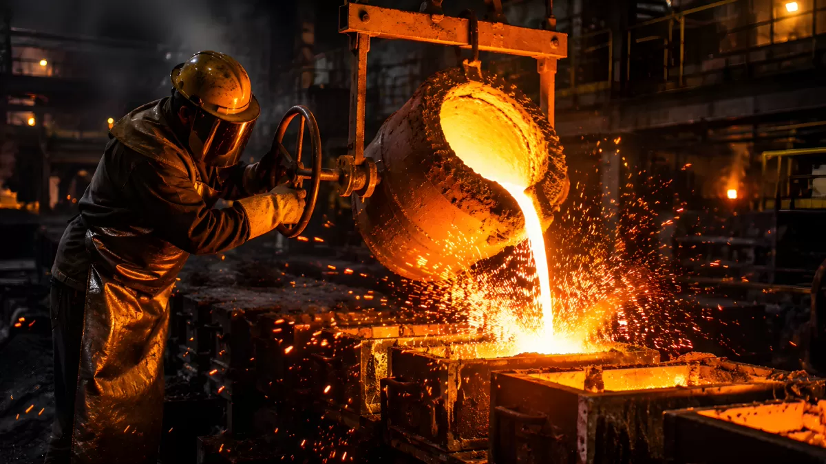 Stahlarbeiter gießt flüssiges Metall in Gussform