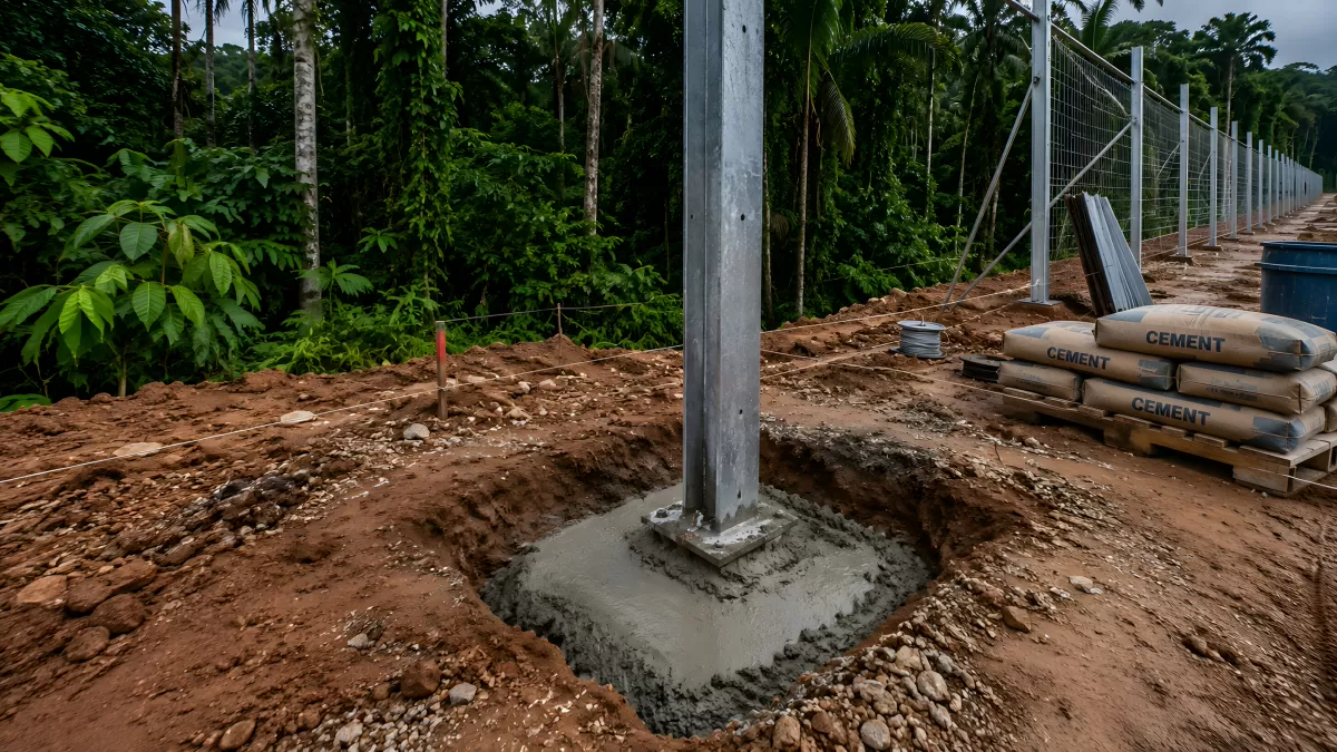 Stahlpfosten in Betonfundament beim Zaunbau im Dschungel