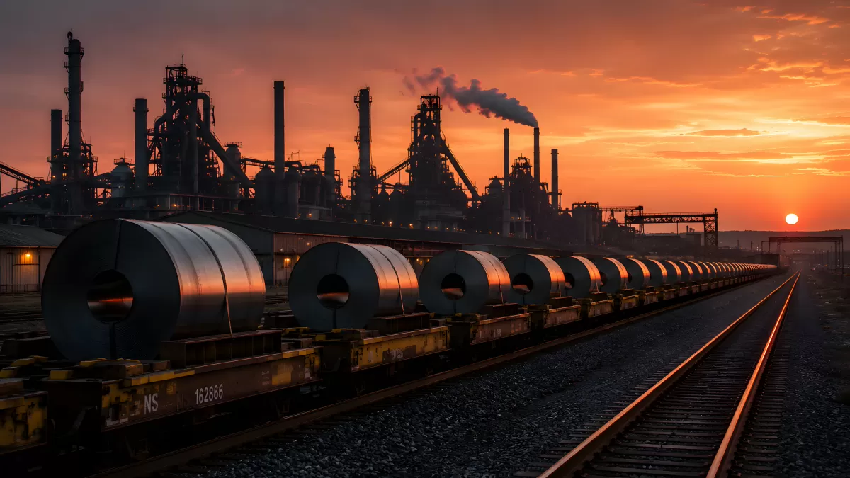 Stahlrollen auf Güterzug vor Industrieanlage im Sonnenuntergang