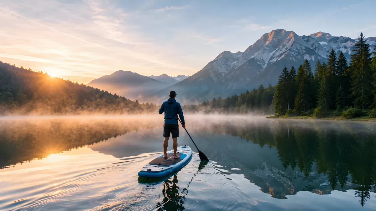 Stand-up-Paddler auf Bergsee bei Sonnenaufgang