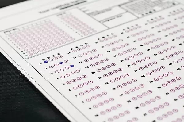 Standardized test exams form with answers bubbled