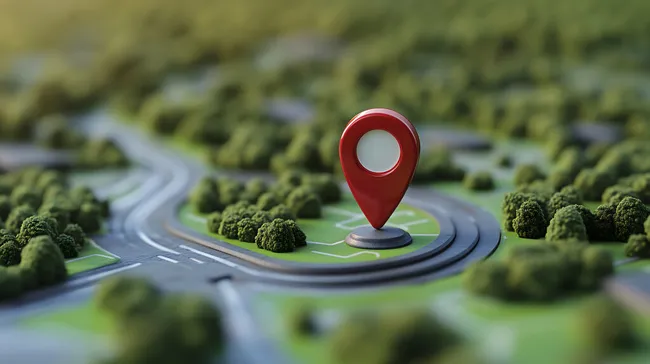 Standortmarkierung auf 3D-Landkarte mit Straßen und Bäumen