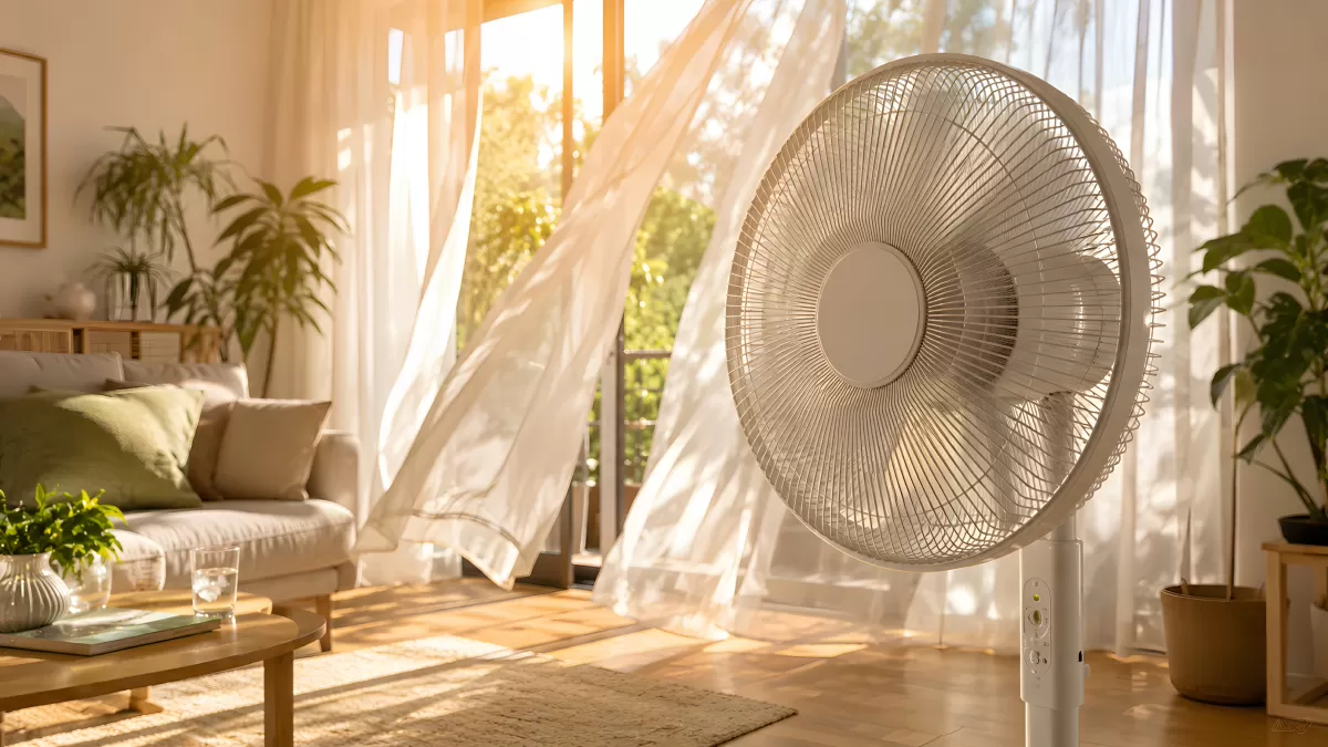 Standventilator im sonnigen Wohnzimmer mit Vorhängen