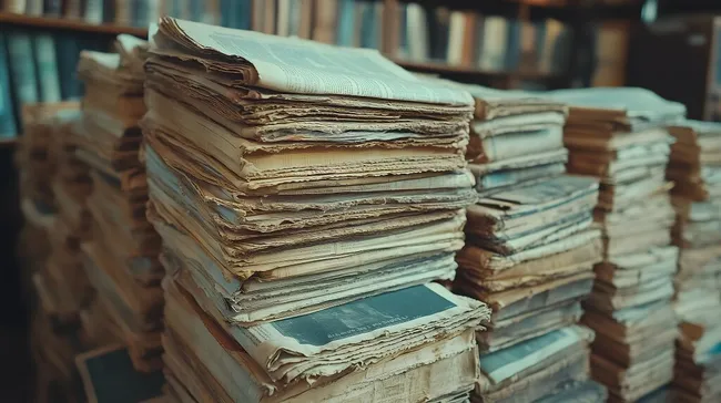 Stapel alter Zeitungen in einer Bibliothek mit Texturen