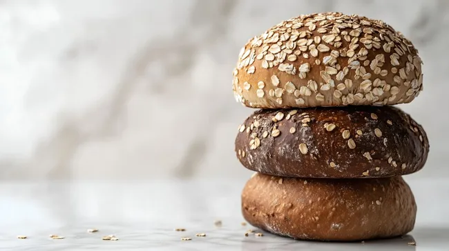 Stapel aus handgefertigten Brötchen mit Sesam und Körnern