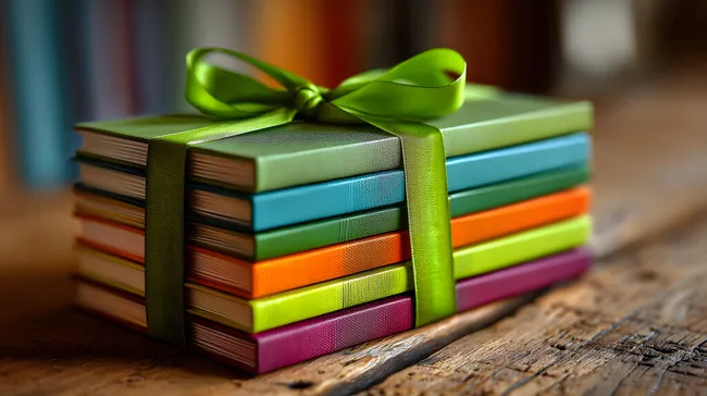 Stapel bunter Bücher als kreatives Geschenkkonzept