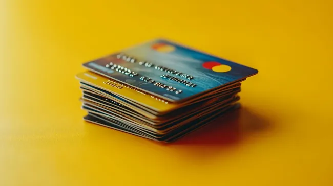 Stapel bunter Kreditkarten auf gelbem Hintergrund