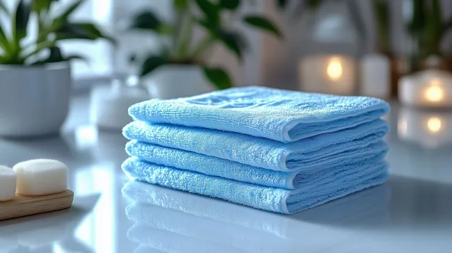 Stapel frischer blauer Handtücher auf glänzendem Tisch