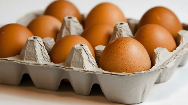 Stapel natürlicher Hühnereier in Pappschachtel