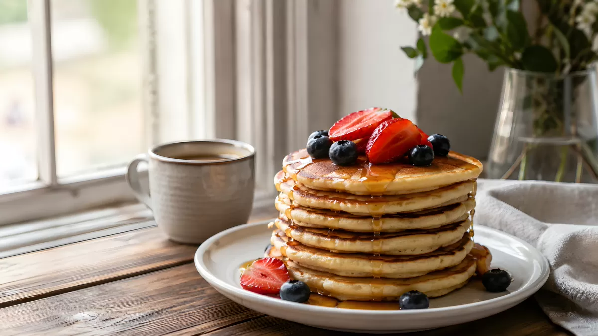 Stapel Pfannkuchen mit Erdbeeren und Blaubeeren