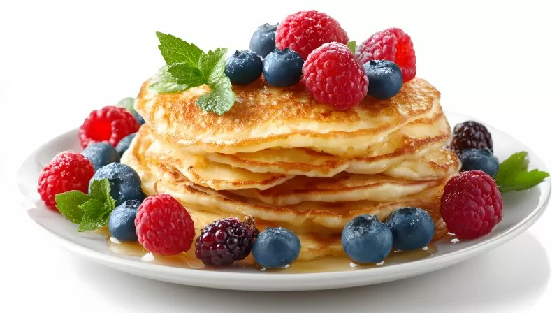 Stapel Pfannkuchen mit frischen Beeren und Sirup auf weißem Teller