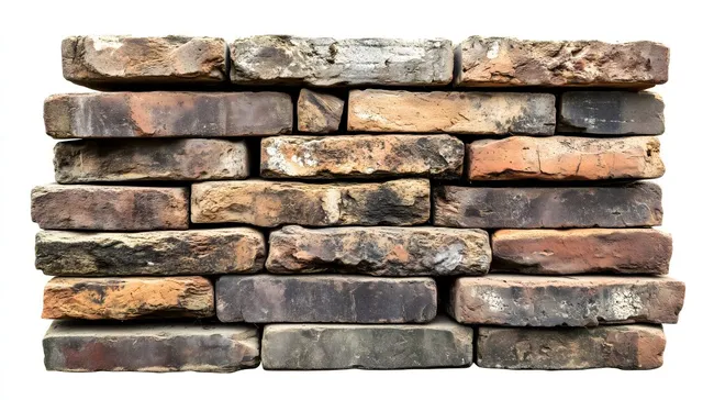 Stapel rustikaler Ziegelsteine auf weißem Hintergrund