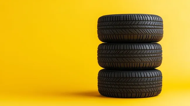 Stapel schwarzer Autoreifen vor gelbem Hintergrund