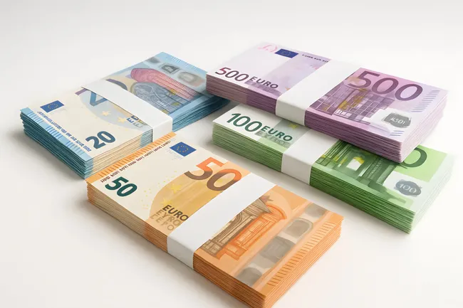 Stapel verschiedener Euro-Banknoten auf Weißfläche