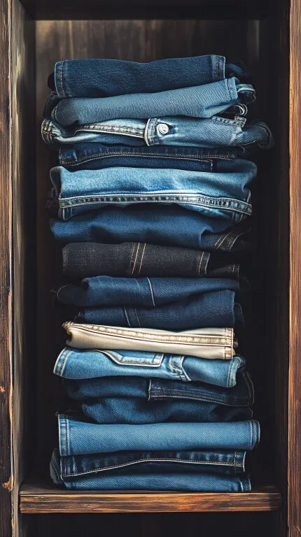 Stapel verwaschene Jeans in rustikalem Holzregal