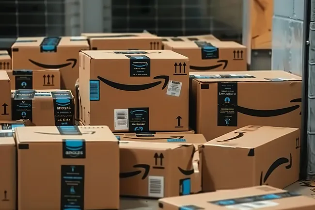 Stapel von Amazon-Logistikpaketen für Paketzustellung