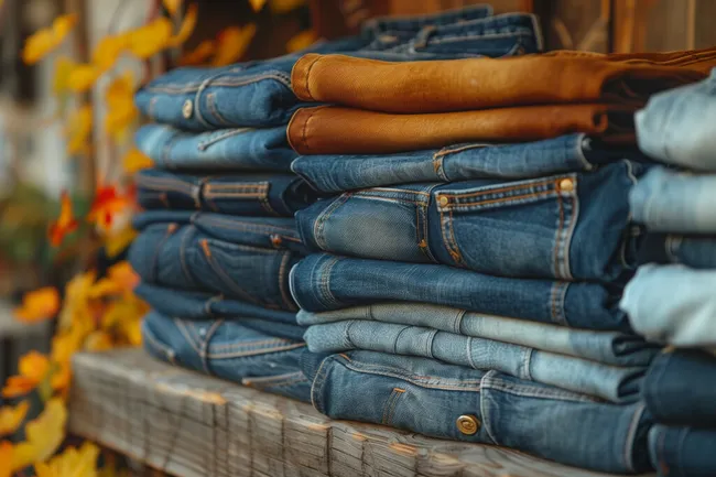 Stapel von Blue Jeans im Herbst