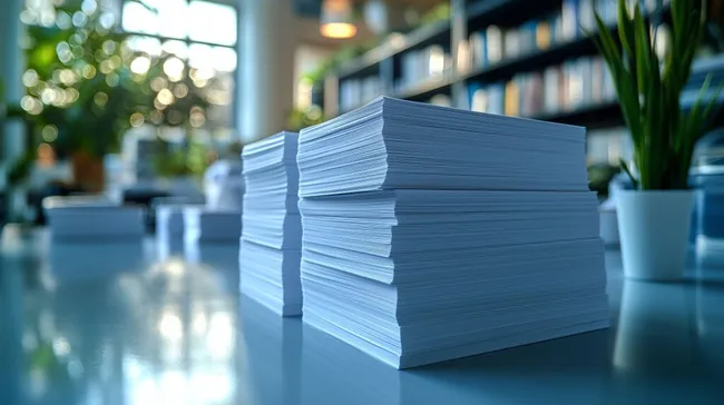 Stapel von Büropapier auf moderner Schreibtischoberfläche