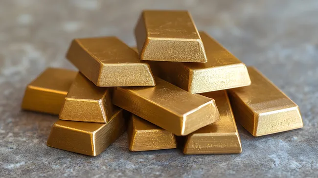 Stapel von glänzenden Goldbarren auf Steinuntergrund