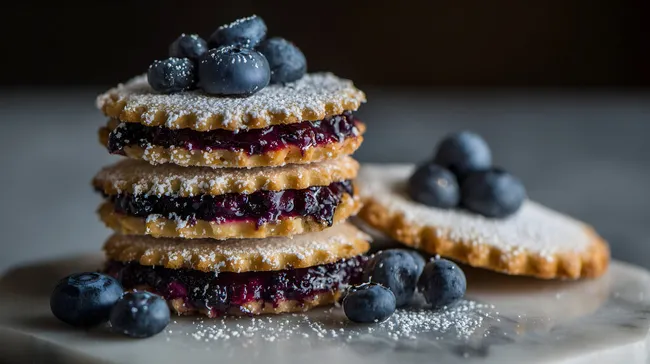 Stapel von Heidelbeer-Keksen mit Puderzucker