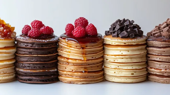 Stapel von Pfannkuchen mit saftigen Beeren und Schokoladentopping