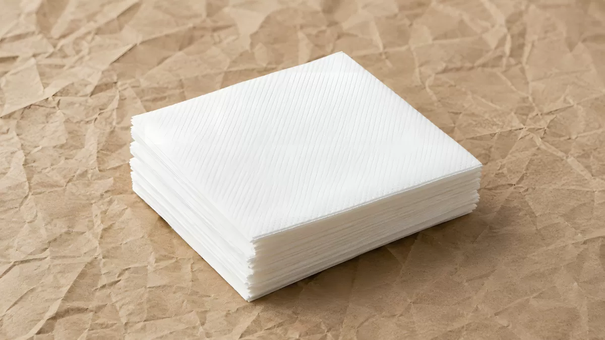 Stapel weißer Papierservietten auf braunem Papier
