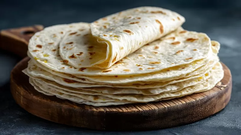 Stapel Weizentortillas mit aufgeklappter Flade auf Holzbrett