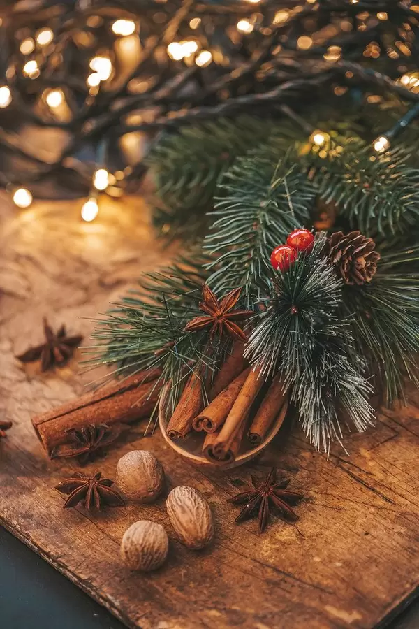 Star anise, cinnamon and nutmeg, Christmas tree branches with glowing garlands (Flip 2019)