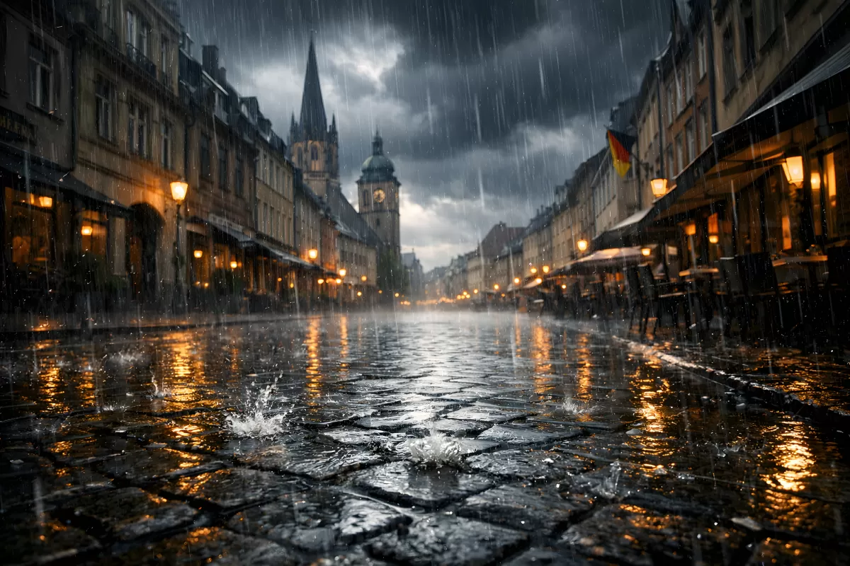 Starkregen über gepflasterter Altstadt bei Nacht