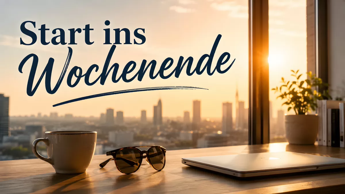 Start ins Wochenende – Schreibtisch mit Stadtblick im Sonnenuntergang