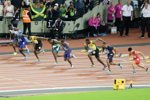 Start of the 100m Final with Bolt and Gatlin during London 2017
