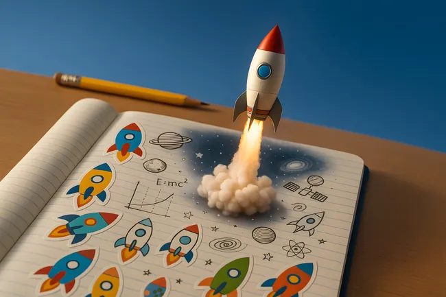 Starten einer Rakete aus kreativem Ideenheft