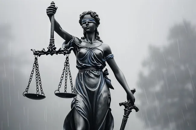 Statue der Justitia bei Regen
