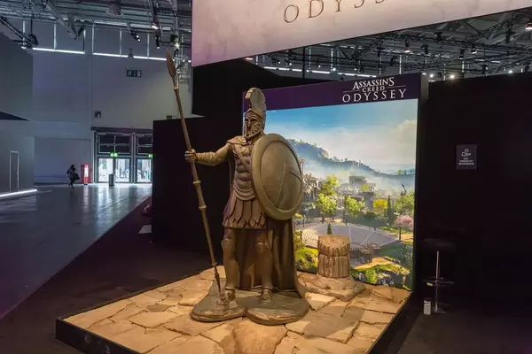 Statue of a Greek hoplite worrier at Assassin's Creed Odyssey booth