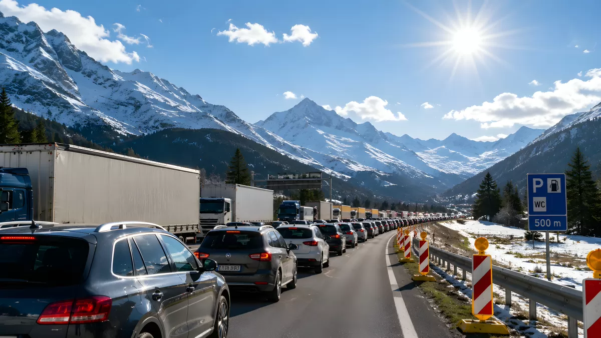 Stau auf Alpenstraße mit Lkw und Pkw im Winter
